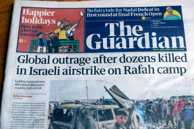 global-outrage-after-dozens-killed-in-israeli-airstrike-on-rafah-camp-guardian-newspaper-headline-gaza-war-palestinians-deaths-article-may-2024-uk