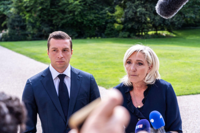 french-far-right-rassemblement-national-rn-political-party-president-and-lead-mep-jordan-bardella-and-french-deputy-and-president-of-le-rassemblement-national-rn-far-right-parliamentary-group-marine