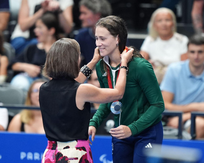 irelands-roisin-ni-riain-after-winning-sliver-in-the-100m-backstroke-s13-final-at-the-paris-la-defense-arena-on-day-two-of-the-paris-2024-summer-paralympic-games-picture-date-friday-august-30-2024