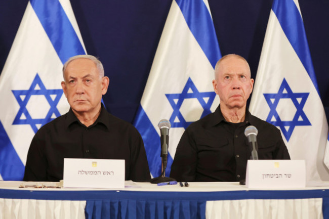 israeli-prime-minister-benjamin-netanyahu-and-defense-minister-yoav-gallant-attend-a-press-conference-in-the-kirya-military-base-in-tel-aviv-israel-saturday-oct-28-2023-abir-sultanpool-photo-v