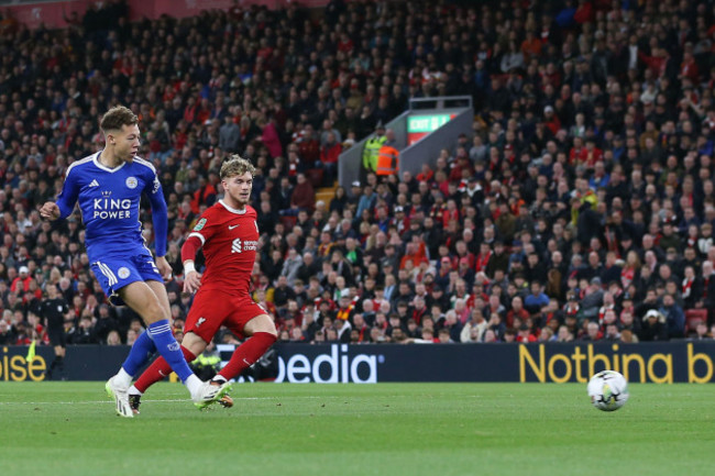 kasey-mcateer-of-leicester-city-shoots-and-scores-his-teams-1st-goal-carabao-cup-efl-cup-3rd-round-match-liverpool-v-leicester-city-at-anfield-in-liverpool-on-wednesday-27th-september-2023-this