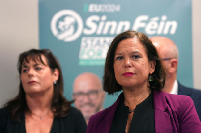 sinn-fein-president-mary-lou-mcdonald-right-and-michelle-gildernew-at-the-launch-of-the-partys-manifesto-for-the-european-election-campaign-at-temple-bar-gallery-and-studios-in-dublin-picture-date