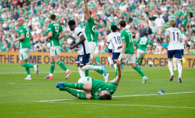 republic-of-irelands-seamus-coleman-after-picking-up-an-injury-during-the-uefa-nations-league-group-f-match-at-the-aviva-stadium-dublin-picture-date-saturday-september-7-2024