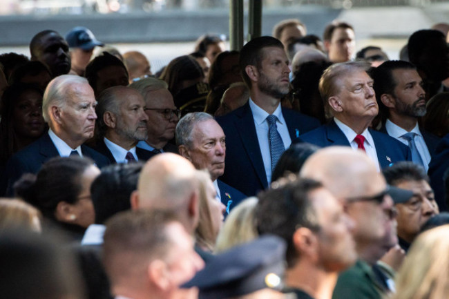 new-york-usa-11th-sep-2024-president-joe-biden-former-nyc-mayor-michael-bloomberg-former-president-donald-trump-and-his-running-mate-jd-vance-attend-the-911-remembrance-ceremony-in-lower-manha