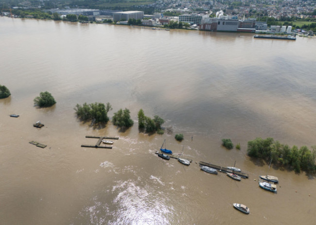 walluf-germany-03rd-june-2024-the-rhine-has-flooded-the-boat-harbor-in-walluf-aerial-view-with-a-drone-the-level-of-the-rhine-is-initially-expected-to-rise-further-credit-boris-roesslerdpaa