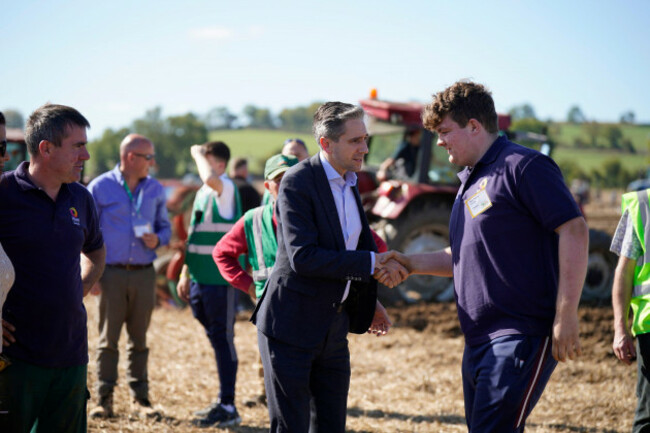 taoiseach-simon-harris-meets-eugene-odonovan-at-the-national-ploughing-championships-at-ratheniska-co-laois-picture-date-tuesday-september-17-2024