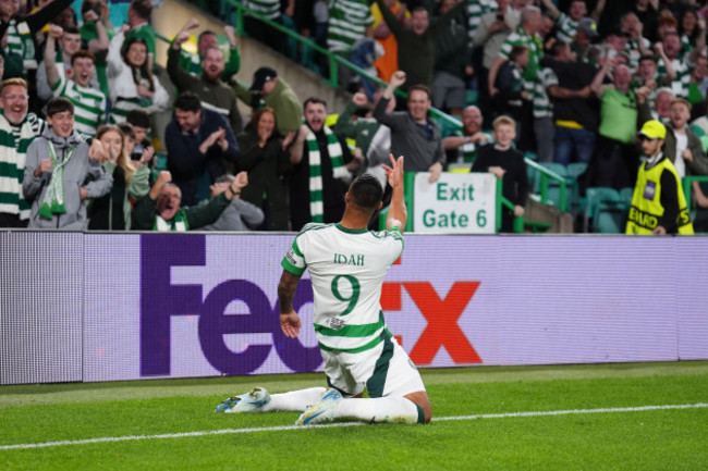 celtics-adam-idah-celebrates-scoring-their-sides-fifth-goal-of-the-game-during-the-uefa-champions-league-league-stage-match-at-celtic-park-glasgow-picture-date-wednesday-september-18-2024