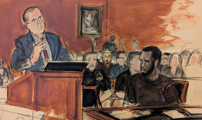 in-this-courtroom-sketch-sean-combs-seated-right-looks-at-his-attorney-marc-agnifilo-left-as-he-delivers-his-bail-argument-as-combs-family-in-the-gallery-background-raise-their-hands-indicati