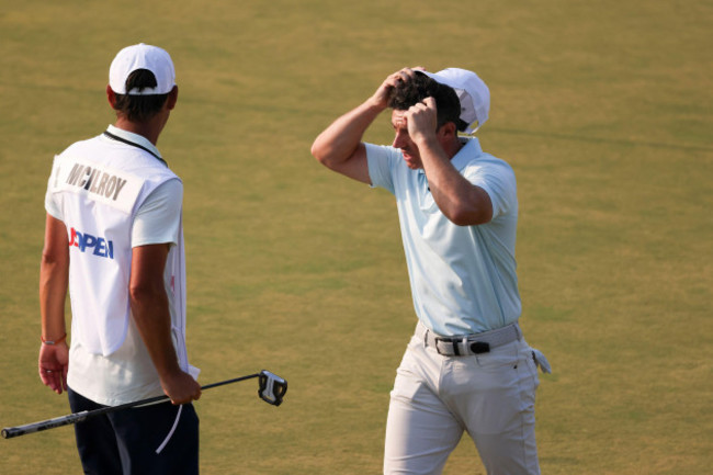 village-of-pinehurst-united-states-17th-june-2024-rory-mcilroy-of-northern-ireland-holds-his-hands-to-his-head-after-finishing-the-18th-hole-during-the-final-round-of-the-124th-us-open-golf-champi