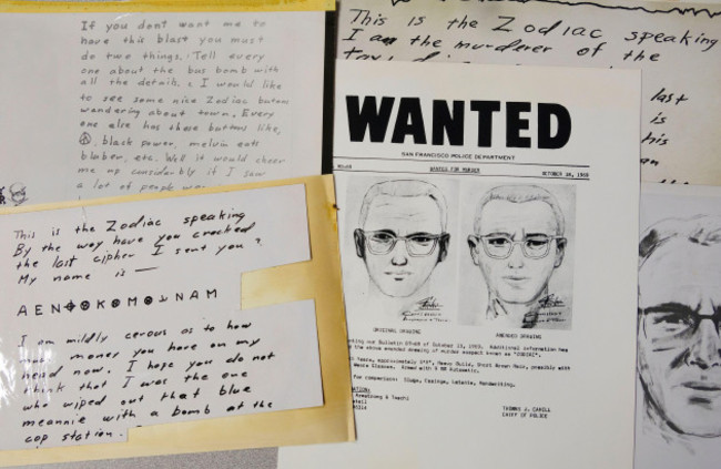 a-san-francisco-police-department-wanted-bulletin-and-copies-of-letters-sent-to-the-san-francisco-chronicle-by-a-man-who-called-himself-zodiac-are-displayed-thursday-may-3-2018-in-san-francisco-de