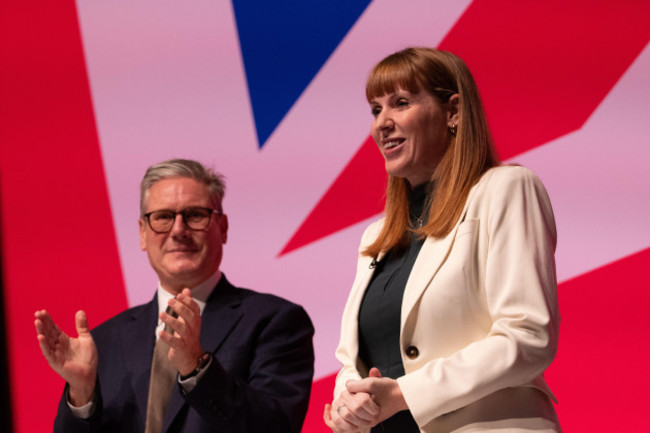 liverpool-uk-22nd-sep-2024-pm-keir-starmer-listens-then-applauds-angela-rayner-deputy-prime-minister-deputy-leader-of-the-labour-party-and-secretary-of-state-for-housing-communities-and-local