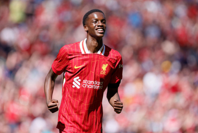 liverpools-trey-nyoni-celebrates-scoring-his-sides-fourth-goal-during-the-pre-season-friendly-match-at-anfield-liverpool-picture-date-sunday-august-11-2024