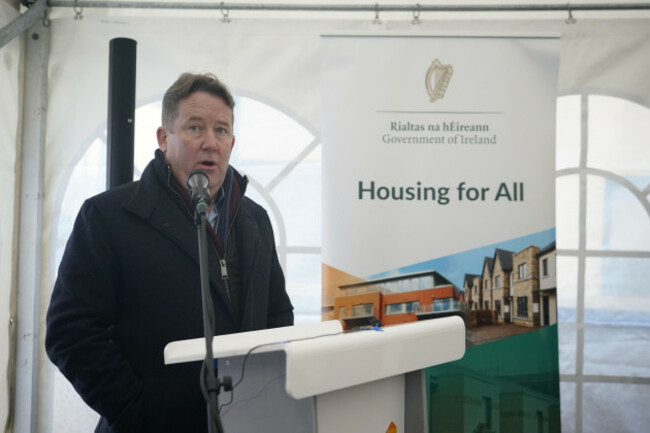 minister-for-housing-darragh-obrien-speaking-at-the-opening-of-the-tuath-housing-cost-rental-development-at-kilternan-wood-in-dublin-picture-date-monday-january-29-2024