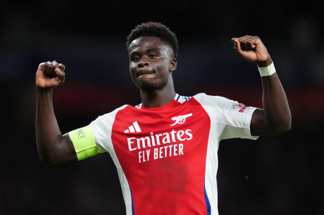 arsenals-bukayo-saka-celebrates-scoring-their-sides-second-goal-of-the-game-during-the-uefa-champions-league-match-at-the-emirates-stadium-london-picture-date-tuesday-october-1-2024