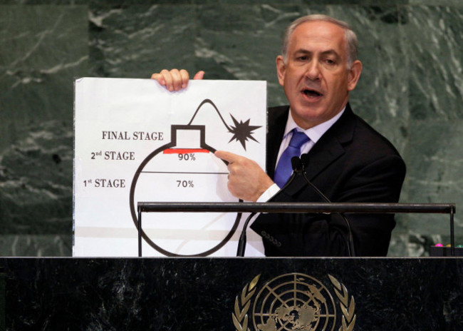 in-this-sept-27-2012-file-photo-prime-minister-benjamin-netanyahu-of-israel-uses-a-large-cartoonish-diagram-of-a-bomb-to-dramatize-his-claim-that-iran-was-70-percent-of-the-way-to-enriching-urani