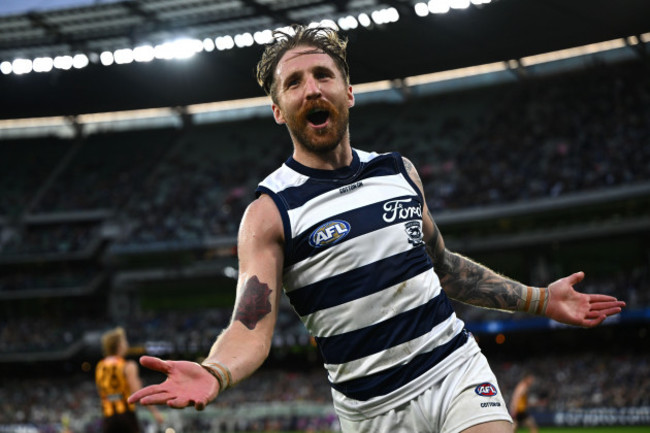 zach-tuohy-of-geelong-celebrates-a-shot-on-goal-during-the-afl-round-4-match-between-the-geelong-cats-and-the-hawthorn-hawks-at-the-melbourne-cricket-ground-in-melbourne-monday-april-10-2023-aap