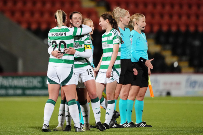 celtics-kelly-clark-and-saoirse-noonan-left-celebrate-winning-the-uefa-womens-champions-league-second-round-qualifying-second-leg-match-at-the-albert-bartlett-stadium-airdrie-picture-date-thu