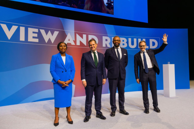 birmingham-uk-02-oct-2024-four-potential-leadership-candidates-tom-tugenhat-james-cleverly-robert-jenrick-and-kemi-badenoch-on-stage-together-for-the-first-time-as-conservative-party-conference