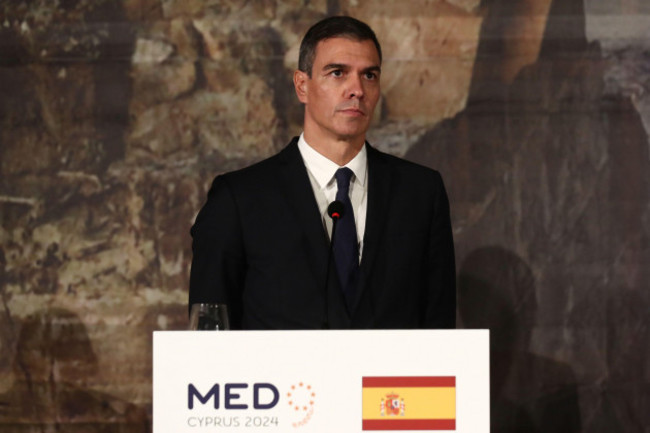 the-president-of-the-government-pedro-sanchez-participates-in-the-joint-declaration-of-the-leaders-of-the-xi-eu-med9-2024-summit-to-the-media-on-october-11-2024-in-paphos-cyprus-after-his-visi