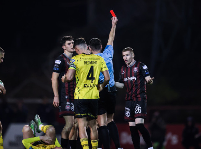 ross-tierney-is-shown-a-red-card-by-referee-rob-hennessy