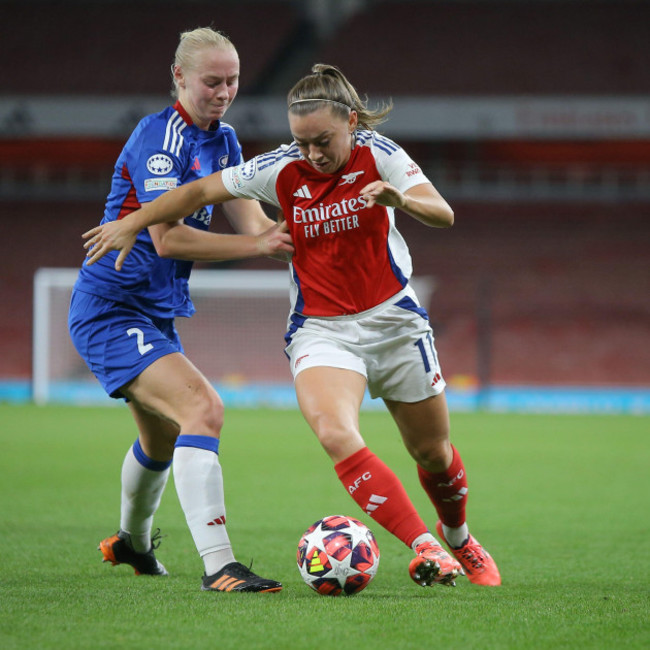 north-london-uk-16th-oct-2024-north-london-england-october-16-2024-sara-horte-2-valerenga-and-katie-mccabe-11-arsenal-battle-for-possession-during-the-uefa-womens-champions-league-game-betw