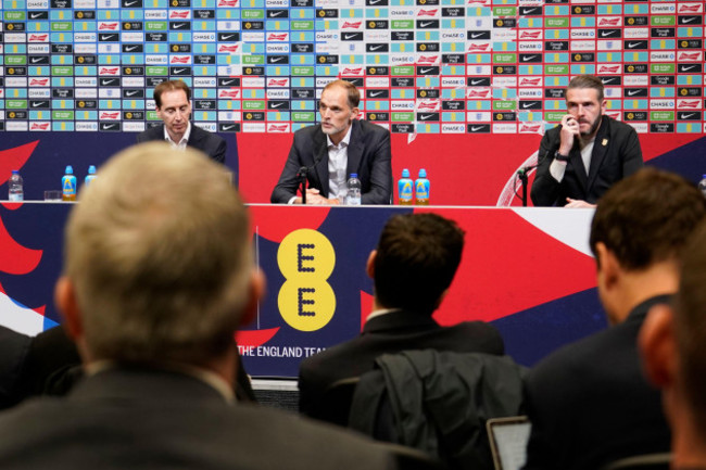 the-newly-appointed-england-mens-soccer-team-manager-thomas-tuchel-center-speaks-during-a-press-conference-held-at-wembley-stadium-in-london-wednesday-oct-16-2024-ap-photoalberto-pezzali