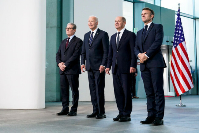 left-right-prime-minister-sir-keir-starmer-us-president-joe-biden-german-chancellor-olaf-scholz-and-french-president-emmanuel-macron-ahead-of-a-quad-meeting-at-the-chancellery-in-berlin-germa