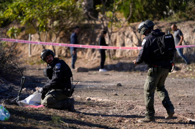 israeli-police-explosive-ordnance-disposal-specialists-work-at-the-site-where-projectiles-fired-from-lebanon-fell-at-kibbutz-maagan-michael-israel-tuesday-oct-22-2024-ap-photoariel-schalit