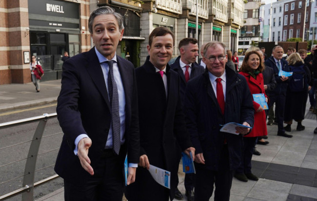 taoiseach-simon-harris-left-and-fine-gael-colleagues-canvassing-voters-on-st-stephens-green-dublin-the-government-has-defended-its-spending-plans-after-it-was-accused-of-running-a-giveaway-budg