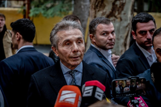 tbilisi-georgia-26th-oct-2024-bidzina-ivanishvili-talking-with-the-press-after-casting-his-vote-at-a-polling-booth-in-tbilisi-georgia-is-living-in-the-most-important-elections-in-the-countrys-hi