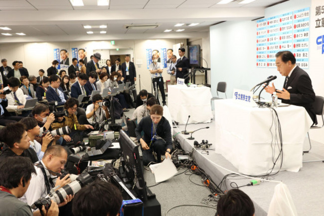 tokyo-japan-27th-oct-2024-japans-main-opposition-constitutional-democratic-party-of-japan-leader-yoshihiko-noda-is-interviewed-by-tv-reporter-for-the-general-election-at-the-party-headquarters-in