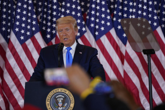 washington-united-states-04th-nov-2020-united-states-president-donald-j-trump-makes-a-statement-to-the-nation-as-his-supporters-look-on-in-the-east-room-of-the-white-house-in-washington-dc-on-el