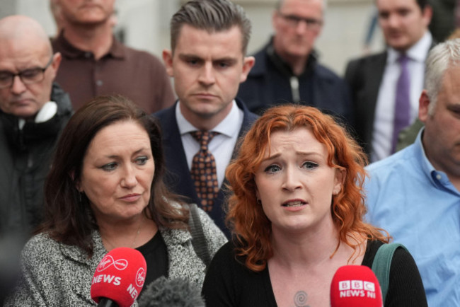 aine-flanagan-left-and-shona-gallagher-speak-to-the-media-as-they-join-families-that-were-affected-by-the-explosion-at-the-applegreen-service-station-in-the-village-of-creeslough-in-co-donegal-wher