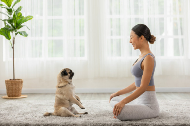 beautifulasianwomanpracticeyogalotusposewithdogpug