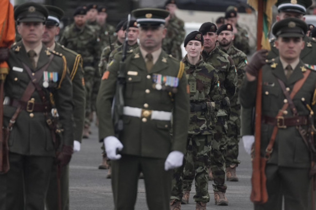 tanaiste-and-minister-for-defence-micheal-martin-during-a-review-of-the-men-and-women-of-the-125th-infantry-battalion-at-custume-barracks-athlone-co-westmeath-ahead-of-their-six-month-deployment-t