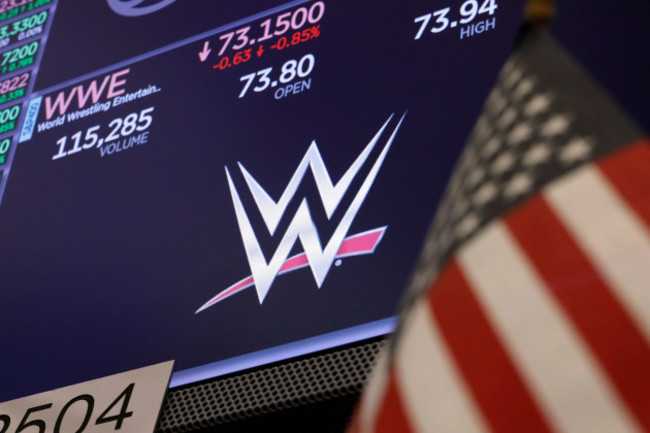 the-logo-for-world-wrestling-entertainment-wwe-appears-above-a-trading-post-on-the-floor-of-the-new-york-stock-exchange-sept-13-2019-shares-of-tko-group-the-new-company-that-houses-wwe-and-ufc