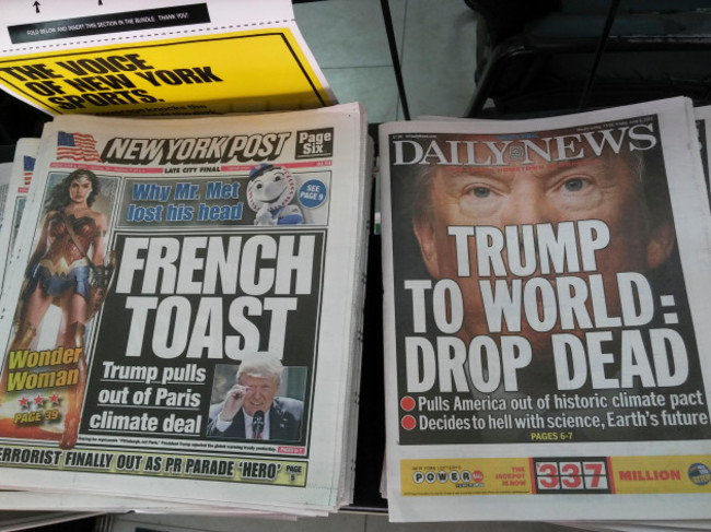 headlines-of-new-york-newspapers-on-friday-june-2-2017-report-on-president-donald-trump-withdrawing-the-u-s-from-the-paris-climate-agreement-richard-b-levine