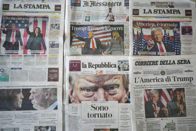 a-view-of-the-front-pages-of-italian-newspapers-reporting-on-u-s-president-elect-donald-trumps-win-in-the-u-s-presidential-election-in-rome-thursday-nov-7-2024-ap-photoalessandra-tarantino