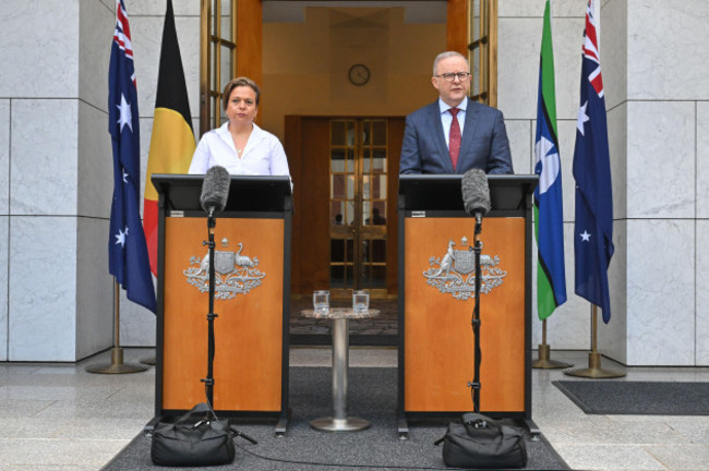 canberra-australia-08th-nov-2024-minister-for-communications-michelle-rowland-and-prime-minister-anthony-albanese-at-a-press-conference-at-parliament-house-in-canberra-friday-november-8-2024