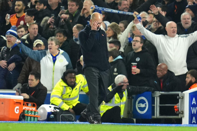 manchester-city-manager-pep-guardiola-reacts-during-the-premier-league-match-at-american-express-stadium-brighton-picture-date-saturday-november-9-2024