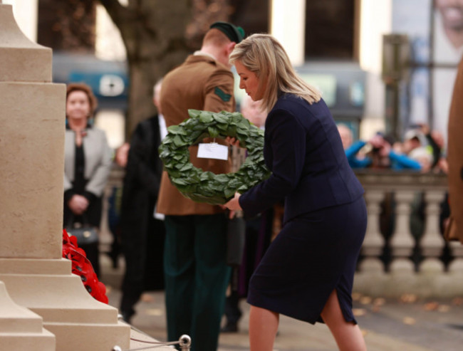 first-minister-michelle-oneill-lays-a-wreath-during-the-remembrance-sunday-service-at-belfast-city-hall-picture-date-sunday-november-10-2024