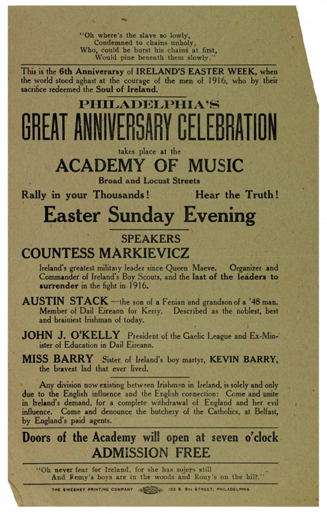 Fig 13. Advertisement for an anniversary celebration of the Easter Rising in Philadelphia with speakers including Constance de Markievicz, Austin Stack and Kathleen Barry, MS 17,654.6.11