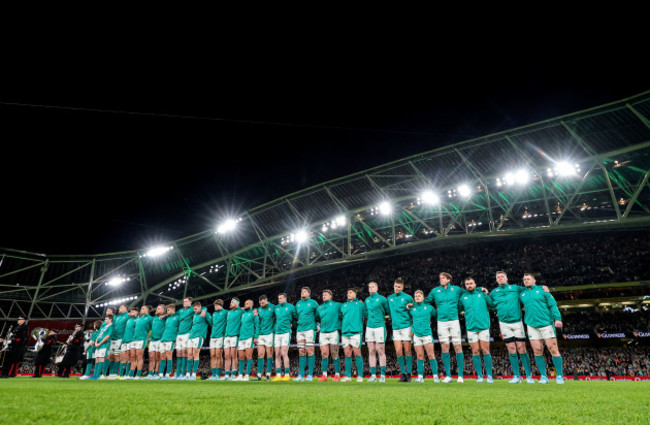 the-ireland-team-stand-for-the-national-anthems-ahead-of-the-game