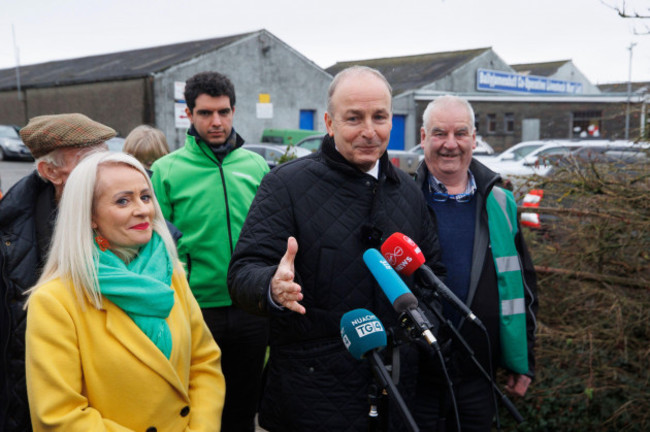 tanaiste-micheal-martin-with-local-candidate-niamh-smyth-left-speaking-to-the-media-at-ballyjamesduff-co-operative-livestock-mart-in-ramonan-ballyjamesduff-co-cavan-ahead-of-the-general-election