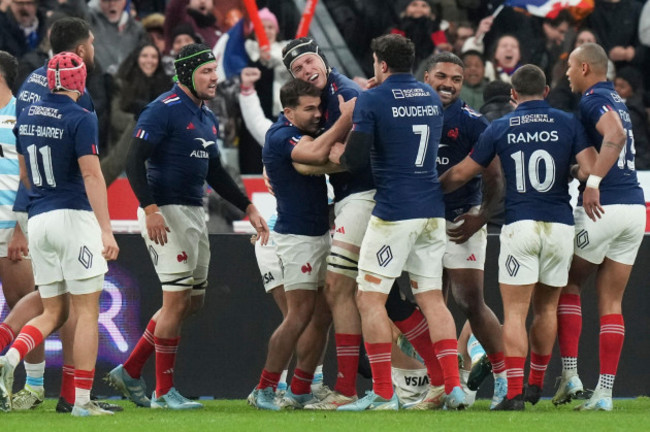 frances-thibaud-flament-centre-is-congratulated-by-teammate-antoine-dupont-after-scoring-a-try-during-the-autumn-nations-series-rugby-international-between-france-and-argentina-at-the-stade-de-fran