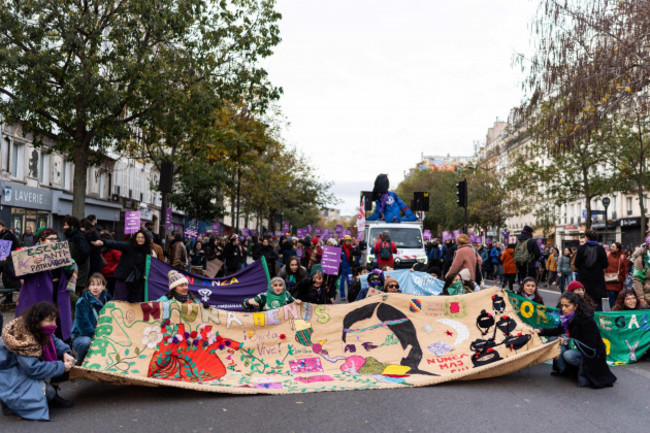 paris-france-23rd-nov-2024-general-view-of-the-demonstration-with-feminist-demonstrators-during-a-protest-to-condemn-violence-against-women-called-by-feminist-organisations-two-days-prior-to-the