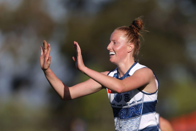 perth-australia-26th-oct-2024-aishling-moloney-of-the-cats-celebrates-after-kicking-a-goal-during-the-aflw-round-9-match-between-the-west-coast-eagles-and-the-geelong-cats-at-mineral-resources-par