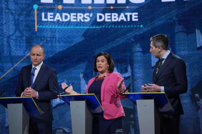 left-to-right-tanaiste-and-fianna-fail-leader-micheal-martin-sinn-fein-leader-mary-lou-mcdonald-and-taoiseach-and-fine-gael-leader-simon-harris-during-the-final-tv-leaders-debate-at-rte-studios-i