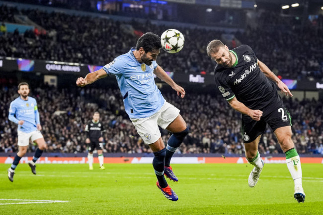 manchester-uk-26th-nov-2024-manchester-ilkay-gundogan-of-manchester-city-fc-bart-nieuwkoop-of-feyenoord-during-the-fifth-round-of-new-format-of-the-uefa-champions-league-20242025-the-match-is