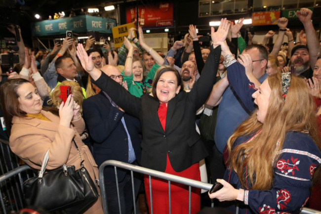 sinn-fein-leader-mary-lou-mcdonald-celebrates-with-supporters-after-topping-the-poll-in-dublin-central-at-the-rds-count-centre-in-dublin-ireland-sunday-feb-9-2020-ap-photopeter-morrison